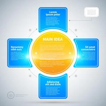 Blue glossy cross made of 4 options and circle with main idea. Stock Illustration