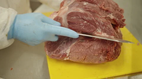 Blue-Gloved Butcher Trimming Large Raw Beef on Yellow Board Stock Footage 339066845
