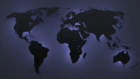 Blue glow dark world map, 3d render Stock Illustration