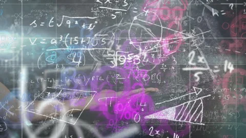 Blue glow emerging on grid, math formulas drifting and numerals swirling around Stock Footage 313185002
