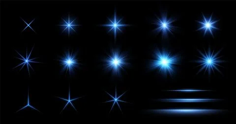 Blue Glow lighting Star. Collection of different light effects on black イラスト素材