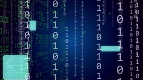 Blue glow starting binary code falling, cyan panels drifting, nodes moving, Stock Footage 335317637