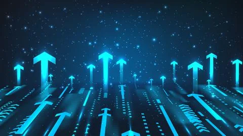 Blue glowing arrows pointing upward on digital background representing busi.. Stock Illustration