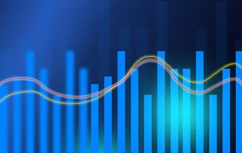 Blue glowing bar graph chart with red and yellow trend lines symbolizing Stock Illustration