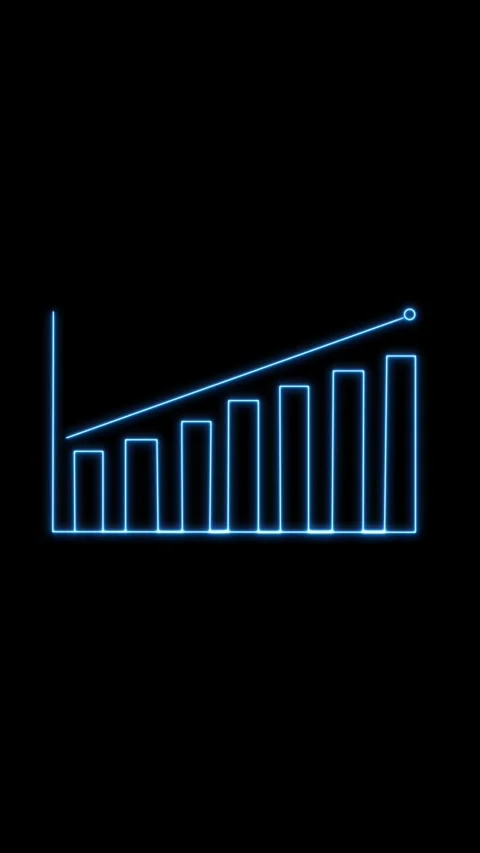 Blue glowing bar graph with upward trend line on dark background. Blue neon.. Stock Footage 344840337
