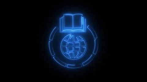 Blue glowing book and globe icon on dark background Stock Footage 346305923