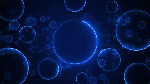 Blue glowing bubble floating transparent spheres, neon rim light, and soft dark Stock Footage 340471147