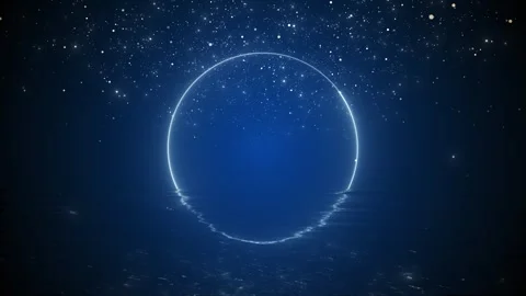 Blue glowing circle over calm water star particles, reflection, dark sky, cinema Stock Footage 340399921