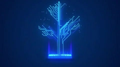 Blue glowing circuit board electronic high tech growing tree.  Digital tree. Stock Footage 246007171