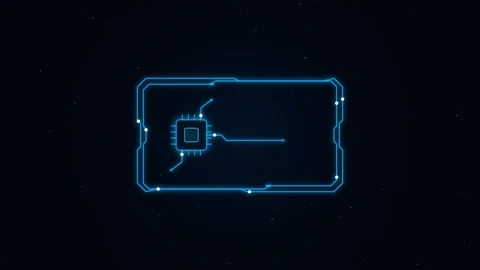 Blue Glowing Circuit Frame and Microchip Tech HUD Animation Stock Footage 342779392