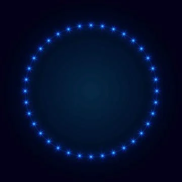 Blue glowing circular light frame with sparkling neon ring on dark background Stock Illustration