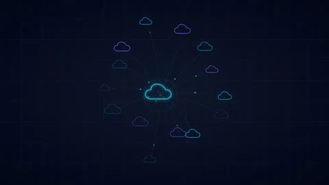 Blue glowing cloud computing nodes connecting to central hub in abstract digital Stock Footage 348336130