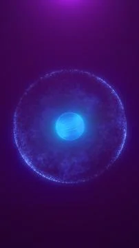 Blue glowing core inside a circular halo of particles on purple gradient ba.. Ilustração Stock