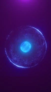 Blue glowing core inside a circular halo of particles on purple gradient ba.. Ilustración de archivo