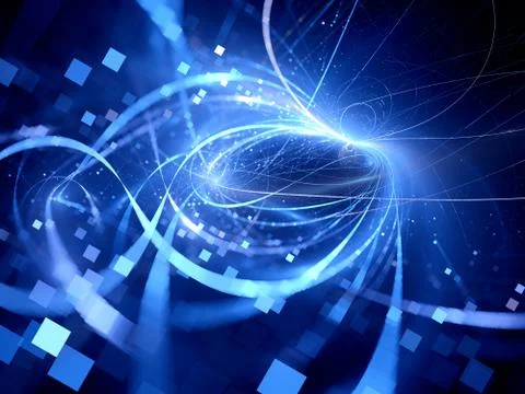 Blue glowing curves in space with square shaped particles Illustrazione stock