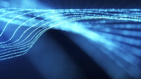 Blue glowing data lines flowing across a digital wave landscape with depth an Stockbeeldmateriaal 331032156