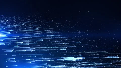 Blue glowing data streams streak across a dark background, forming a high spe Stock Footage 328707475