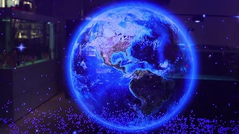 Blue glowing digital earth globe with particle effects, Stock Footage 336042694