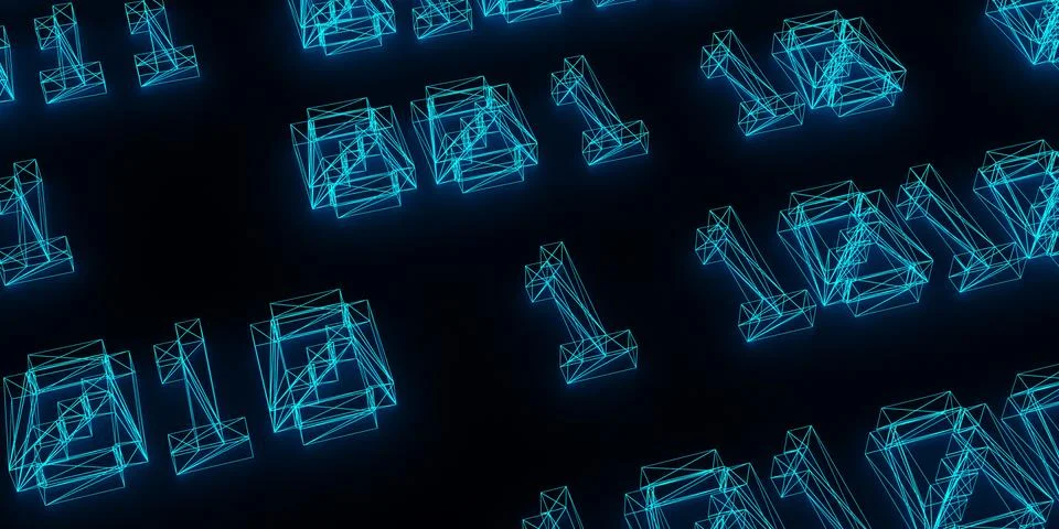 Blue glowing digital numbers zero and one wireframe glow on black background, Stock Illustration