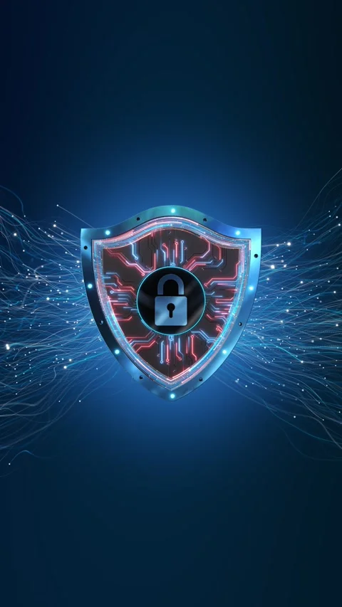 Blue glowing digital shield lock icon cybersecurity, data encryption, internet s Stock-Footage 342783232