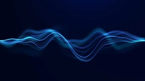 Blue glowing digital wave with layered flowing lines on dark background. Ab.. Stock Illustration