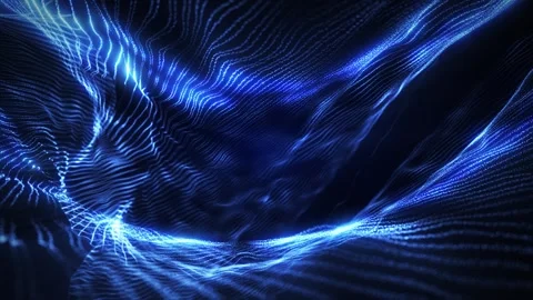 Blue glowing digital waves with flowing lines and particle motion, forming a Stock Footage 331513633
