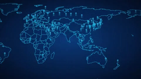 Blue glowing digital world map looping with location data pins. 4K Stock Footage 347269672