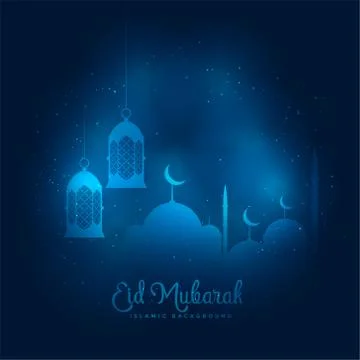 Blue glowing eid mubarak mosque and lantern background Stock Illustration
