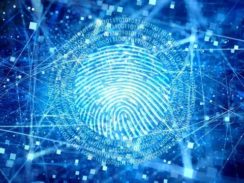 Blue glowing encrypted connections in space with particles and digital finger Stock Illustration