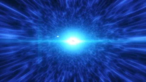 Blue glowing energy vortex with bright central light and radiating plasma w.. Illustrazione stock
