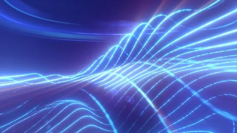 Blue glowing energy waves from small particles and lines abstract background, Stock Illustration
