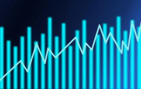 Blue glowing financial bar chart with zigzag line arrow graph representing Stock Illustration