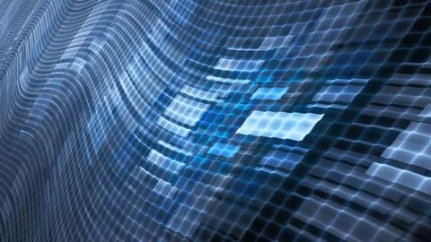 Blue glowing flying rectangles on wavy grid 库存插图