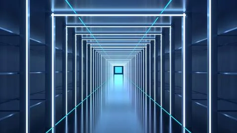 Blue glowing frame channel perspective light and shadow composition Stock Photos