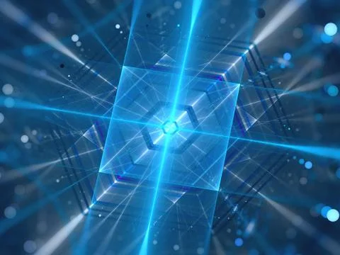 Blue glowing futuristic quantum processor Stock Illustration
