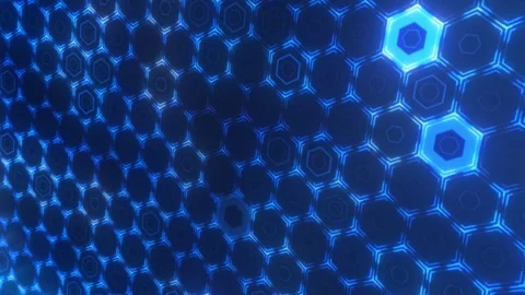 Blue glowing hexagon grid with light rays, futuristic technology background Stock Footage 329064289