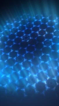 Blue glowing hexagon grid with light rays, futuristic technology background.. Stockillustratie