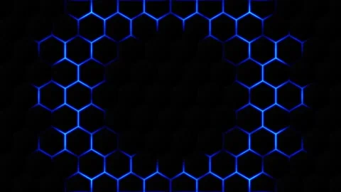 Blue glowing hexagonal wave transition on dark background. Abstract futuristic Stock Footage 332738198