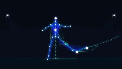 Blue glowing humanoid figure kicking glowing particle trail motion graphic Stock Footage 346541036