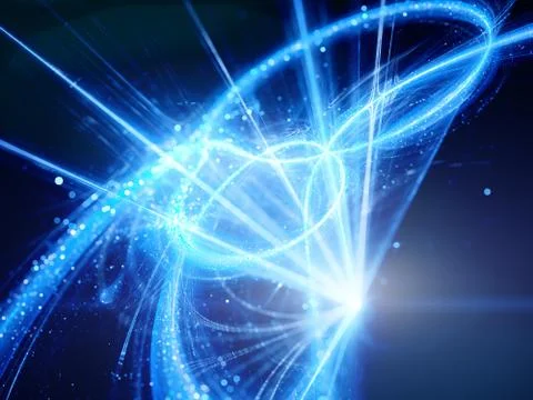Blue glowing interstellar trajectories in space with light source Stock Illustration
