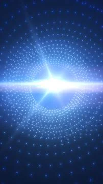 Blue glowing light core surrounded by dotted grid patterns, symbolizing dat.. Illustrazione stock