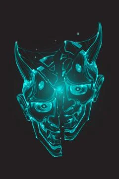 Blue glowing line art background image of a Kabuki mask. Stock Illustration