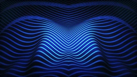 Blue glowing lines creating a symmetrical wave pattern on a dark background Stock Footage 318679493