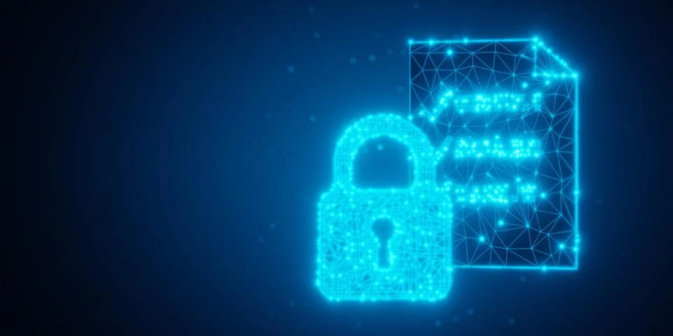 Blue glowing low poly document with padlock in front on dark background, in.. Stock Illustration
