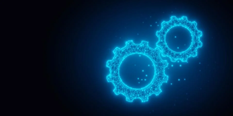 Blue glowing low-poly wireframe gears or cogwheels on black background with.. Stock Illustration