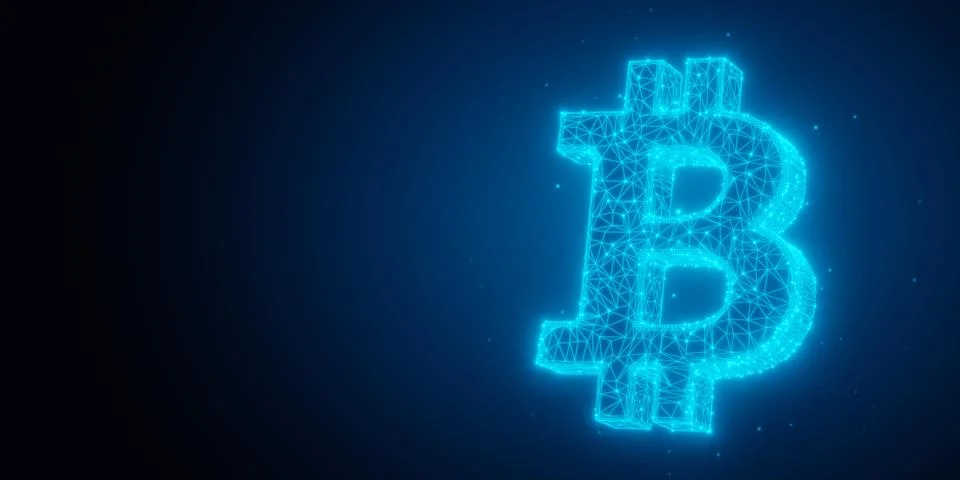 Blue glowing low-poly wireframe bitcoin symbol on black background with cop.. Stock Illustration