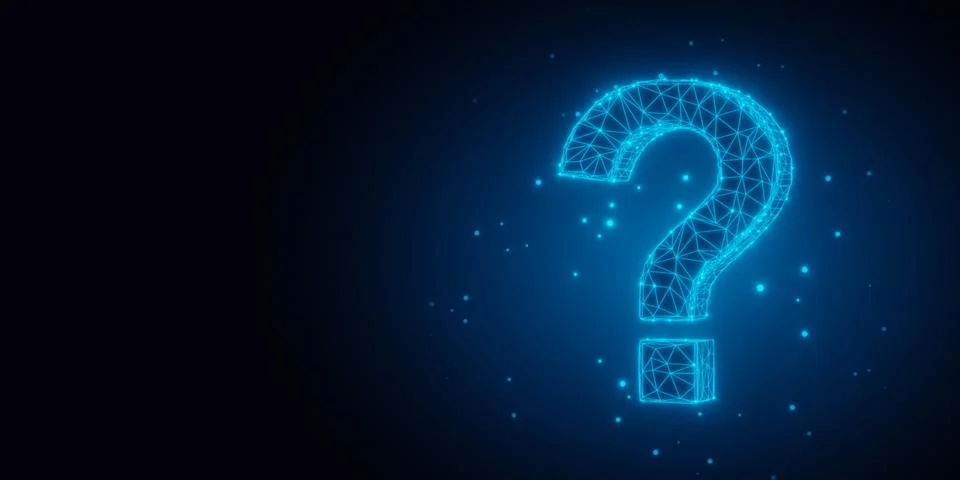 Blue glowing low poly wireframe question mark on dark background with copy .. Stock Illustration