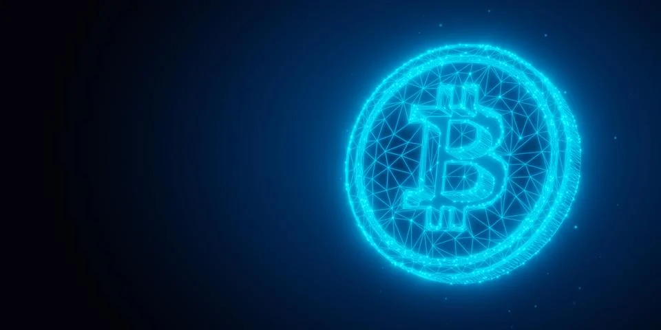 Blue glowing low-poly wireframe bitcoin coin on black background with copy .. Stock Illustration