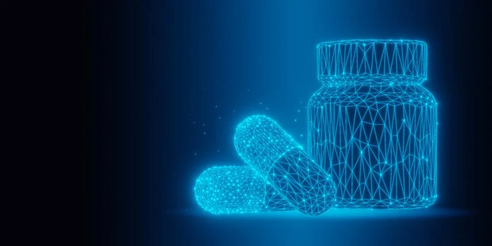 Blue glowing low-poly wireframe pill capsule and pill bottle on black backg.. Illustrazione stock