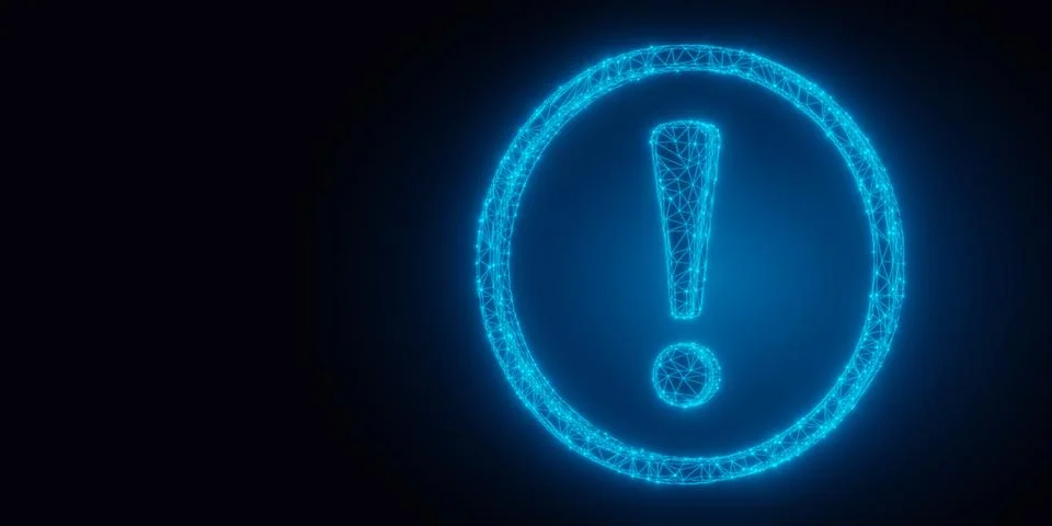 Blue glowing low poly wireframe exclamation mark in surrounding circle over.. Stock Illustration